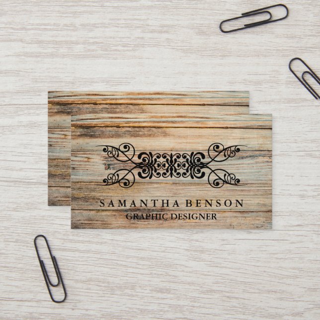 Carte De Visite Graphique de texture en bois rustique (Devant/Arrière en situation)
