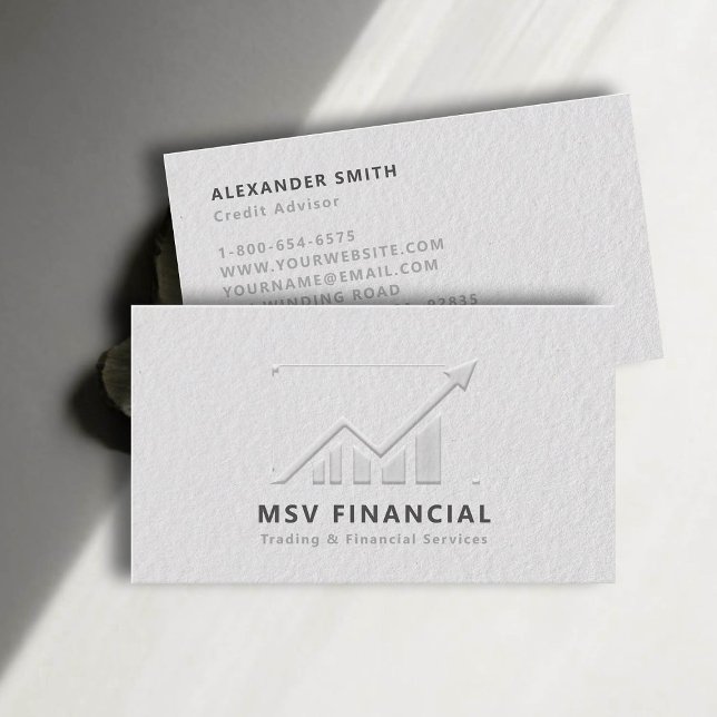 Carte De Visite Graphique de trader Faux Embossés Moderne Professi (dealer trader financial finance business card faux embossed black white professional sleek modern)