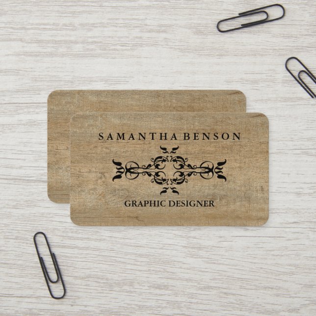Carte de visite graphique en texture de bois rusti (Devant/Arrière en situation)