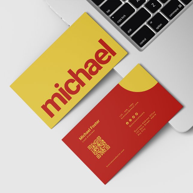 Carte De Visite Gras Simplicité jaune et rouge scannable Qrcode (Créateur téléchargé)