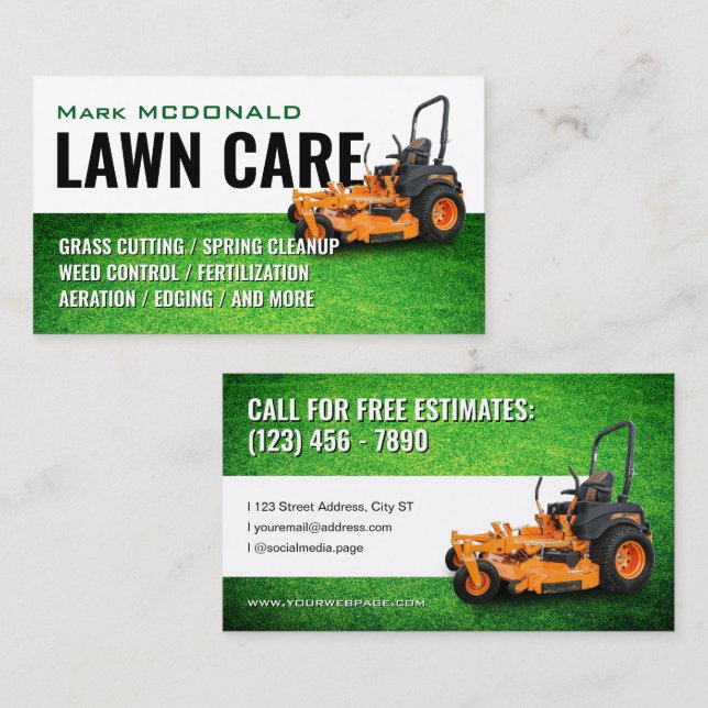 Carte De Visite Grass cover and mower lawn care Business Card (Devant / Derrière)