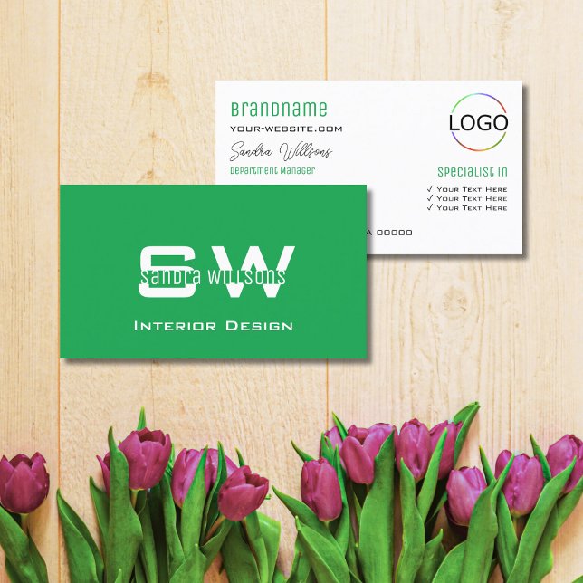 Carte De Visite Grass Green White Simple avec Monogramme et logo (Créateur téléchargé)