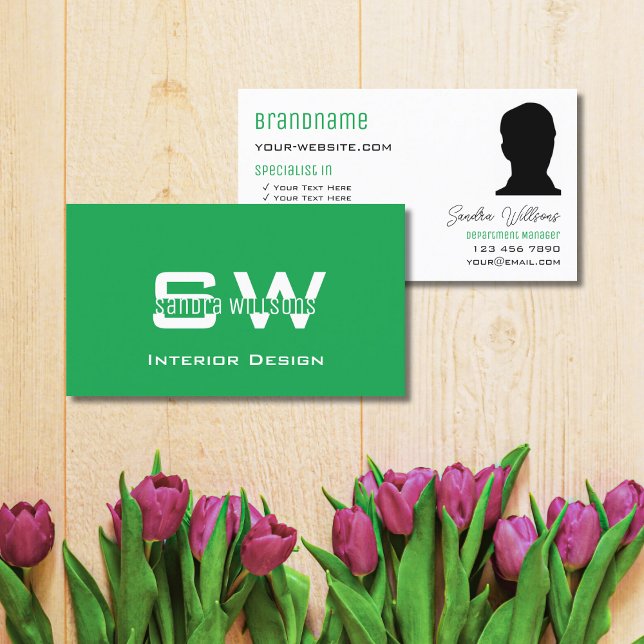 Carte De Visite Grass Vert clair avec Monogramme et photo (Créateur téléchargé)