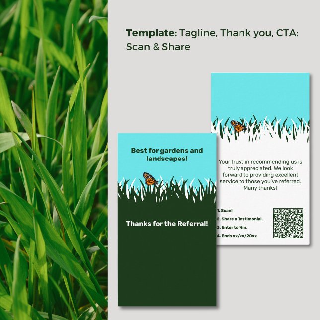 Carte De Visite 🦋 Gratitude Pelouse Papillon Merci de référence (🦋Gratitude Lawn Butterfly Referral Thank You Business Card,Tagline,  Scan, Share, Win, Ends)