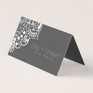 Carte De Visite Gray Damask White Mandala