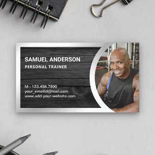 Carte De Visite Gray Wood Silver Fitness Personal Trainer Photo