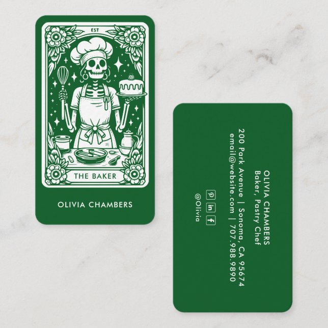 Carte De Visite Green Baker Tarot Squelette pâtissier Chef (Devant / Derrière)