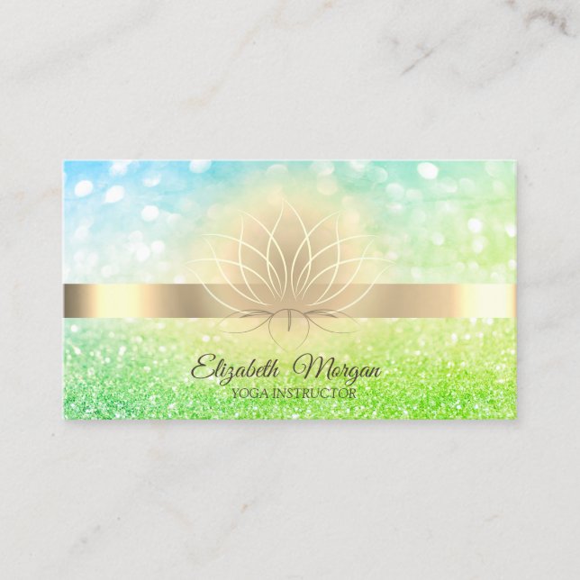 Carte De Visite Green Bokeh Gold, instructeur de Lotus Yoga (Devant)