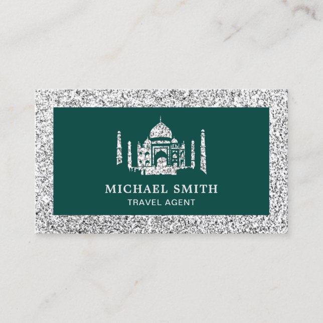 Carte De Visite Green Faux Silver Parties scintillant Taj Mahal Ag (Devant)