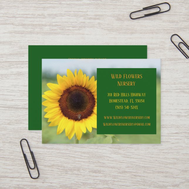 Carte De Visite Green Gardener Landscaper Fleuriste Tournesol (Devant/Arrière en situation)