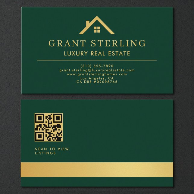 Carte De Visite Green Gold QR Code Luxury Real Estate Agent (Créateur téléchargé)