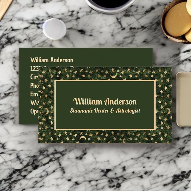 Carte De Visite Green Gold Stars Shamanic ou astrologue guérisseur (Créateur téléchargé)