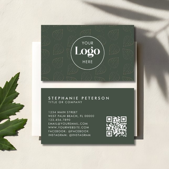 Carte De Visite Green Minimalist Botanical Custom Logo QR Code (Créateur téléchargé)