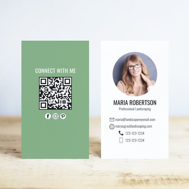 Carte De Visite Green Modern Business QR Code Photo (Modern style business card with a scannable QR code template.)