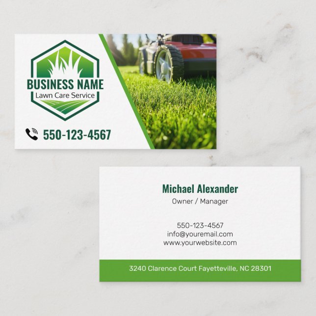 Carte De Visite Green Modern Lawn Care Landscaping Photo (Devant / Derrière)