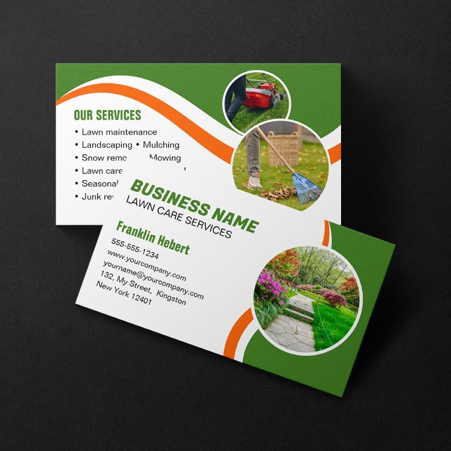 Carte De Visite Green Orange Lawn Care Landscaping Mowing 3 Photo (Créateur téléchargé)