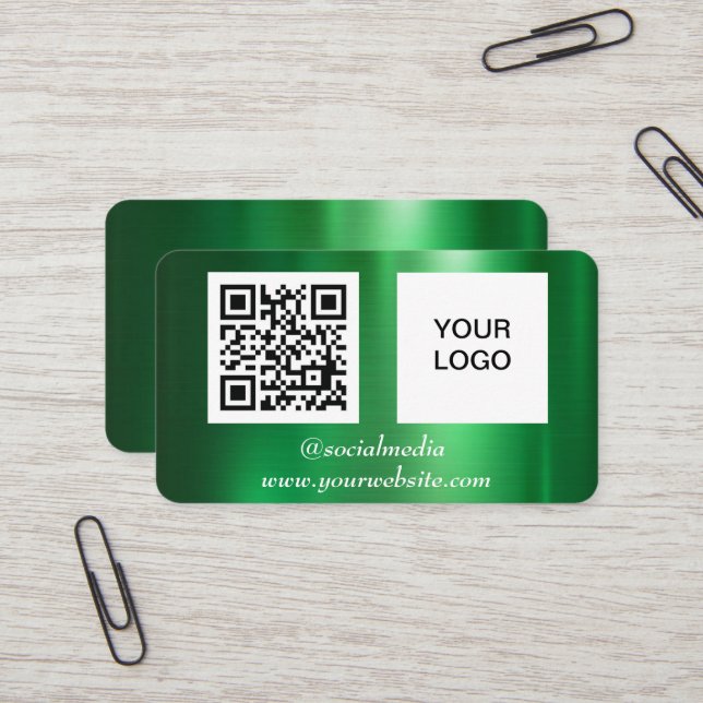 Carte De Visite Green Social media QR Code Professionnel Metallic (Devant/Arrière en situation)