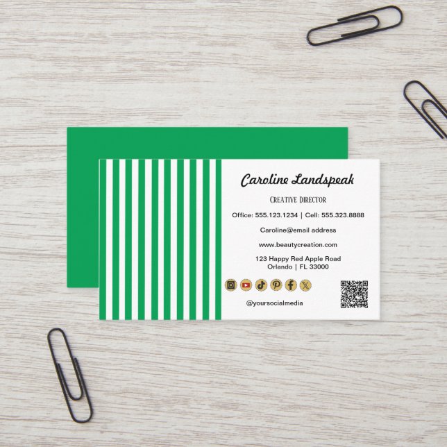 Carte De Visite Green White Stripes & QR Code & Social Media Icon (Devant/Arrière en situation)