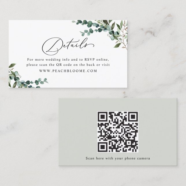 Carte De Visite Greenery QR Code Wedding Details Enclosure Card (Devant / Derrière)