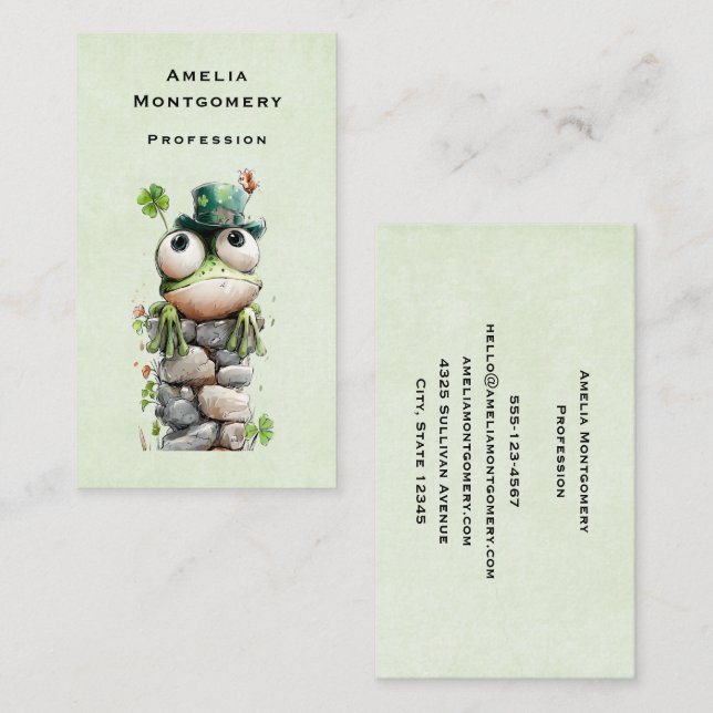 Carte De Visite Grenouille avec chapeau vert et trèfle mignon (Devant / Derrière)