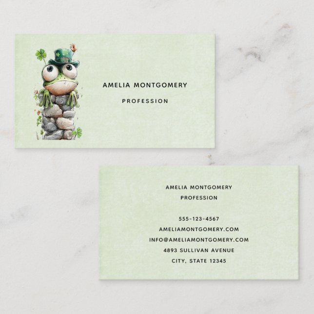 Carte De Visite Grenouille avec chapeau vert et trèfle mignonne (Devant / Derrière)