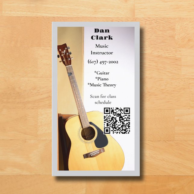 Carte De Visite Grey QR Code Music Enseignant Guitare acoustique (Grey Guitar  Music  Business Card for for Teacher  )