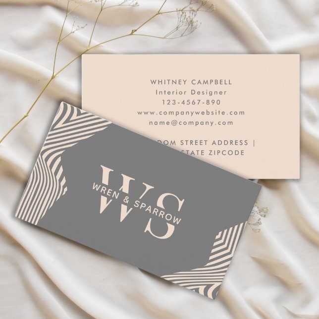 Carte De Visite Gris Beige Abstrait Design Monogramme Moderne (Gray Beige Abstract Stylish Monogram Modern Business Card )