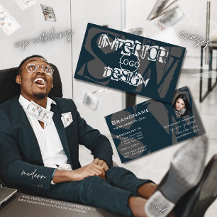 Carte De Visite Gris blanc bleu moderne avec logo photo Monogramme