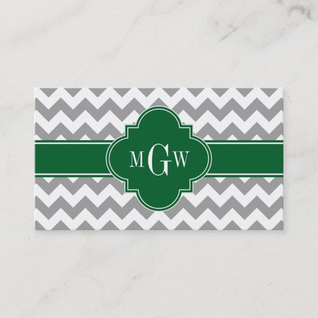 Carte De Visite Gris blanc Chevron Emerald Quatrefoil 3 Monogramme (Devant)