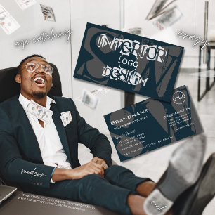 Carte De Visite Gris blanc foncé moderne avec logo et monogramme