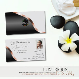 Carte De Visite Gris clair logo photo décor rose or ondulé noir