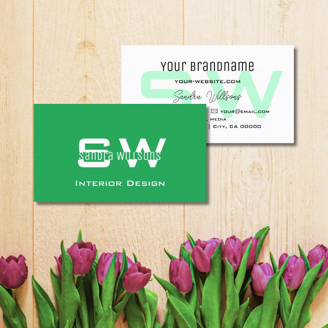 Carte De Visite Gris clair vert et blanc simple avec Monogramme (Créateur téléchargé)