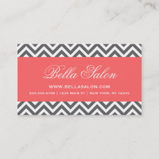 Carte De Visite Gris de charbon et corail Moderne Chevron Gris