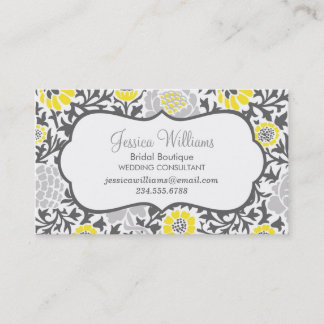 Carte De Visite Gris et jaune Retro Floral Damask