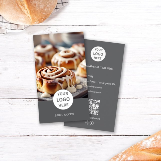 Carte de visite gris foncé avec code QR pour logo  (Bakery Logo Photo QR Code Dark Gray Business Card)