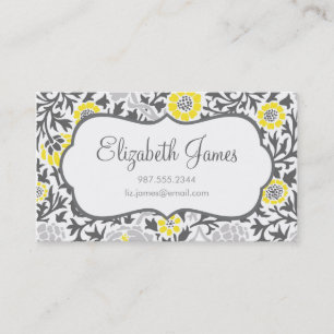 Carte De Visite Gris & Jaune Retro Floral Damask