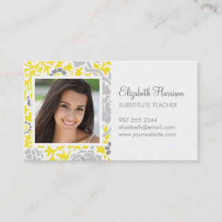 Carte De Visite Gris & Jaune Retro Floral Damask Photo personnalis