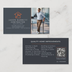 Carte De Visite Gris Orange Toiture Construction Photo QR