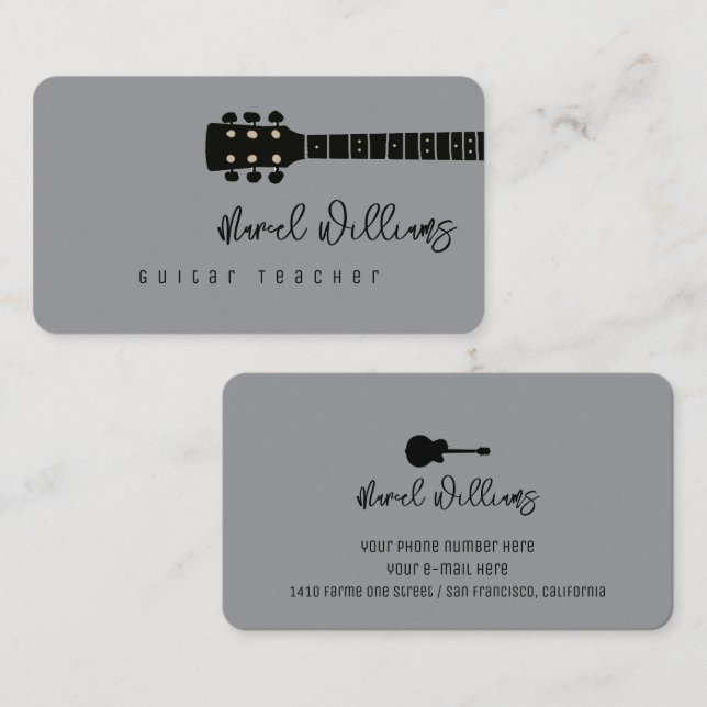 Carte de visite grise pour professeurs de guitare (Devant / Derrière)