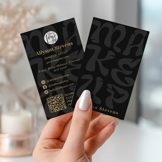 Carte De Visite Groovy retro black logo qr code Makeup (Groovy retro black logo qr code Makeup Business Card)