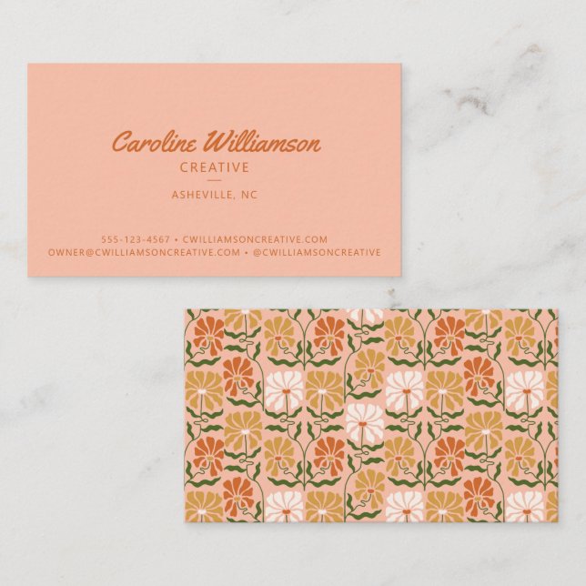 Carte De Visite Groovy Rétro Boho Orange Brûlé Botanique Tendance (Devant / Derrière)