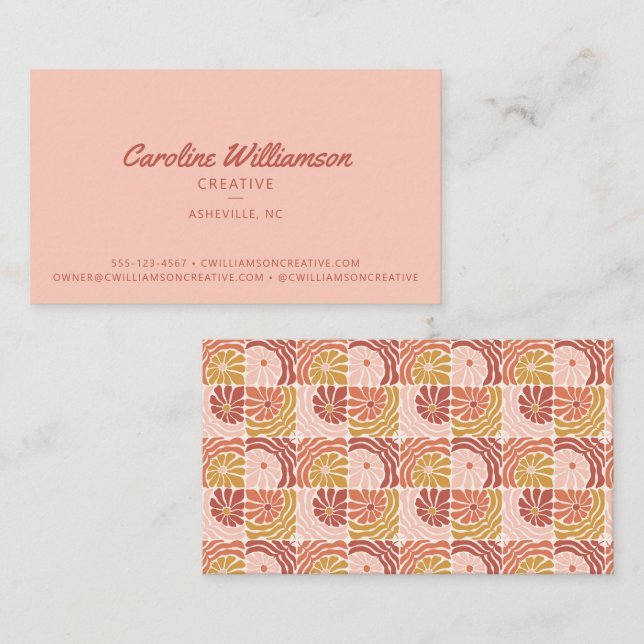 Carte De Visite Groovy Rétro Boho Rose Rouge Botanique Tendance  (Devant / Derrière)