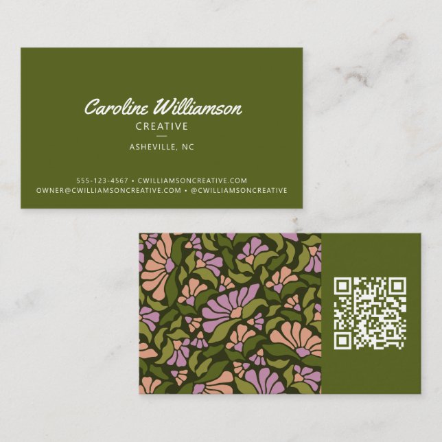 Carte De Visite Groovy Rétro Boho Terrien Vert Botanique Tendance  (Devant / Derrière)
