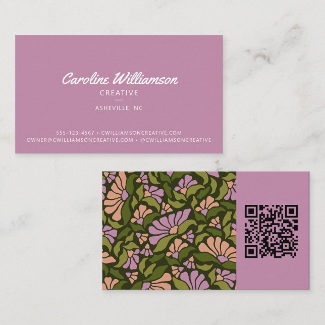 Carte De Visite Groovy Rétro Boho Violet Vert Botanique Tendance Q (Devant / Derrière)