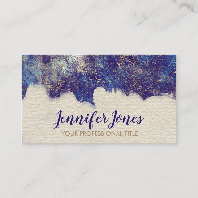 Carte De Visite Grunge bleu-foncé d'aquarelle et d'or (Devant)