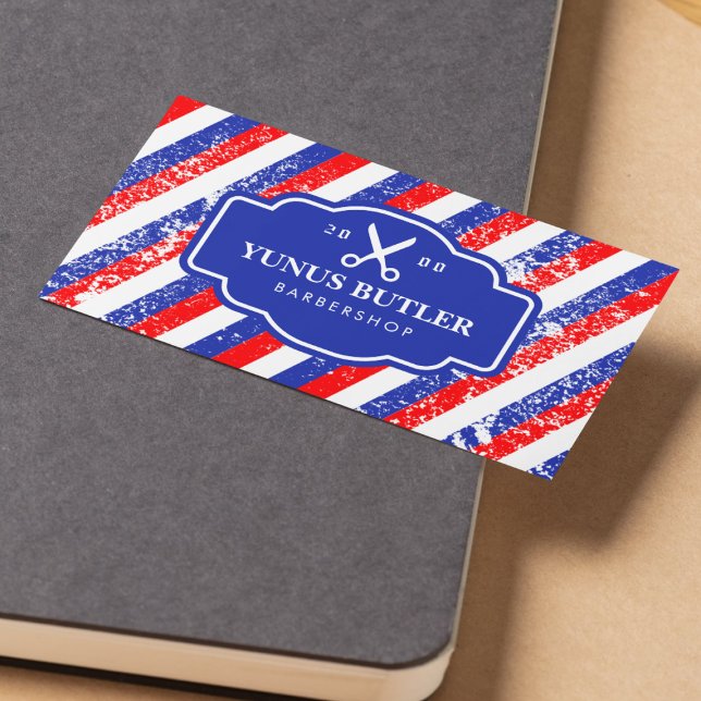 Carte De Visite Grunge Bleu & Rouge Stripes Ciseaux Barbershop (Créateur téléchargé)