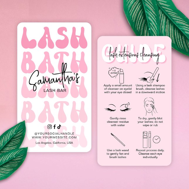 Carte De Visite Guide d'application de bain à lash moderne Retro P (Lash bath application instructions cards in blush pink with retro fonts)