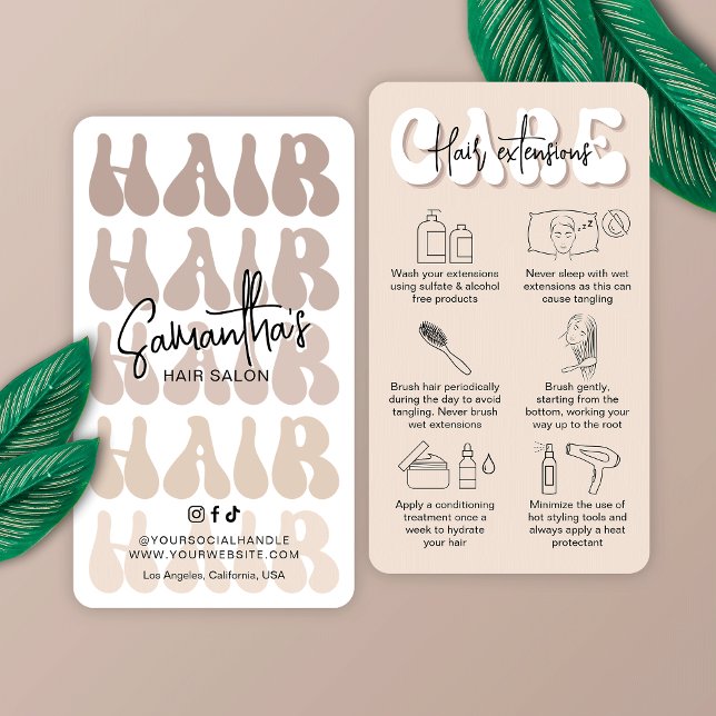 Carte De Visite Guide d'après-garde des extensions de cheveux Beig (Trendy hair extensions after care cards with retro fonts in a modern beige & white design)