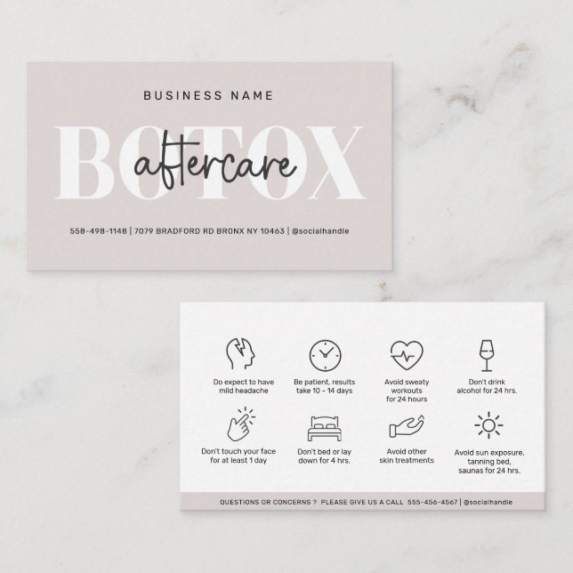 Carte De Visite Guide de soins après Botox Taupe Moderne (Devant / Derrière)
