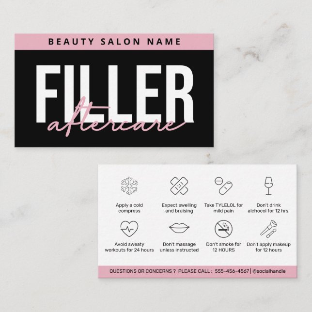 Carte De Visite Guide de soins après-compléments Black Pink Glam (Devant / Derrière)